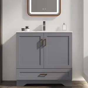 36 inch Bathroom Vanity with Sink, Modern Grey Vanity for Bathroom with Undermount Ceramic Sink, Freestanding 2-Door & 1-Drawer Storage Cabinet, for Small Bathroom Space, (Grey, 36") 36 inch Bathroom Vanity with Sink, Modern Grey Vanity for Bathroom with Undermount Ceramic Sink, Freestanding 2-Door & 1-Drawer Storage Cabinet, for Small Bathroom Space, (Grey, 36")