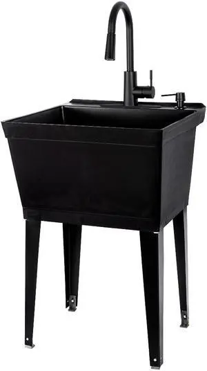 Black Utility Sink with High Arc Black Faucet by by JS Jackson Supplies, Pull Down Sprayer Spout, Heavy Duty Slop Sink for Washing Room, Basement, Shop, Free Standing Laundry Tub Deep Plastic Black Utility Sink with High Arc Black Faucet by by JS Jackson Supplies, Pull Down Sprayer Spout, Heavy Duty Slop Sink for Washing Room, Basement, Shop, Free Standing Laundry Tub Deep Plastic