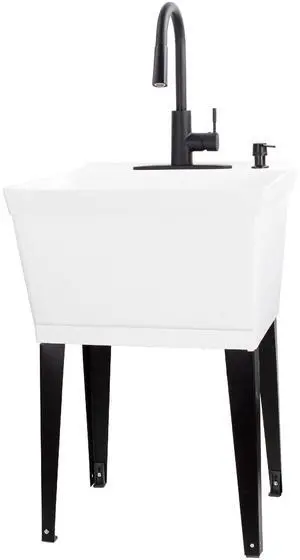 White Utility Sink Laundry Tub With High Arc Black Kitchen Faucet By - Pull Down Sprayer Spout, Heavy Duty Slop Sinks For Washing Room, Basement, Garage, or Shop, Free Standing Tubs White Utility Sink Laundry Tub With High Arc Black Kitchen Faucet By - Pull Down Sprayer Spout, Heavy Duty Slop Sinks For Washing Room, Basement, Garage, or Shop, Free Standing Tubs