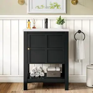 24 Inch Bathroom Vanity with Sink, Small Farmhouse Freestanding Bathroom Cabinet Combo Set, Soft Closing Door and Open Storage Shelf, Black 24 Inch Bathroom Vanity with Sink, Small Farmhouse Freestanding Bathroom Cabinet Combo Set, Soft Closing Door and Open Storage Shelf, Black