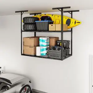 3x6ft 2-Tier Garage Ceiling Storage Rack, Adjustable Overhead Garage Storage System, Heavy Duty Metal Shelving, 880lbs Capacity, Ideal for 915ft High Ceilings, Black 3x6ft 2-Tier Garage Ceiling Storage Rack, Adjustable Overhead Garage Storage System, Heavy Duty Metal Shelving, 880lbs Capacity, Ideal for 915ft High Ceilings, Black