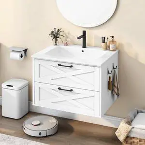 24 Inch Bathroom Vanity with Sink, Wall Mounted Vanity with 2 Storage Darwers, Floating Bathroom Vanity with Storage, Bathroom Floating Vanity with Towel Hook, White 24 Inch Bathroom Vanity with Sink, Wall Mounted Vanity with 2 Storage Darwers, Floating Bathroom Vanity with Storage, Bathroom Floating Vanity with Towel Hook, White