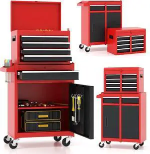 2-in-1 Rolling Tool Chest with 5 Drawers, Heavy-Duty Metal Tool Box with Wheels, Detachable Top Tool Box & Rolling Tool Cabinet for Garage, DIY, Mechanics, Red+Black 2-in-1 Rolling Tool Chest with 5 Drawers, Heavy-Duty Metal Tool Box with Wheels, Detachable Top Tool Box & Rolling Tool Cabinet for Garage, DIY, Mechanics, Red+Black