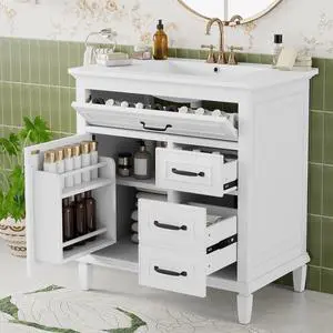 30" Bathroom Vanity with Sink Combo Set, Solid Wood Frame Bathroom Storage Cabinet with 2 Drawers and a Tip-Out Drawers, Adjustable Shelf, Soft Closing Cabinet Door with Organizer, White 30" Bathroom Vanity with Sink Combo Set, Solid Wood Frame Bathroom Storage Cabinet with 2 Drawers and a Tip-Out Drawers, Adjustable Shelf, Soft Closing Cabinet Door with Organizer, White