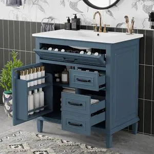 30" Bathroom Vanity with Sink Combo Set, Solid Wood Frame Bathroom Storage Cabinet with 2 Drawers and a Tip-Out Drawers, Adjustable Shelf, Soft Closing Cabinet Door with Organizer, Blue Gray 30" Bathroom Vanity with Sink Combo Set, Solid Wood Frame Bathroom Storage Cabinet with 2 Drawers and a Tip-Out Drawers, Adjustable Shelf, Soft Closing Cabinet Door with Organizer, Blue Gray