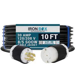 IronBox Electric - L21-30 Extension Cord - 8/5 SOOW Cable Jacket, 30A Rated, 120/208V (3-Phase) - Ideal for Transfer Switches, Data Centers, Industrial Settings, and High-Powered Applications(10 ft) IronBox Electric - L21-30 Extension Cord - 8/5 SOOW Cable Jacket, 30A Rated, 120/208V (3-Phase) - Ideal for Transfer Switches, Data Centers, Industrial Settings, and High-Powered Applications(10 ft)