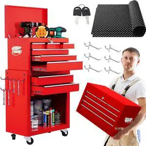 8-Drawer Rolling Tool Chest with Detachable Top Tool Box, Lockable Metal Tool Cabinet, and Liner, Heavy-Duty Storage Organizer with Wheels and 6 Hooks for Garage, Workshop, Red 8-Drawer Rolling Tool Chest with Detachable Top Tool Box, Lockable Metal Tool Cabinet, and Liner, Heavy-Duty Storage Organizer with Wheels and 6 Hooks for Garage, Workshop, Red