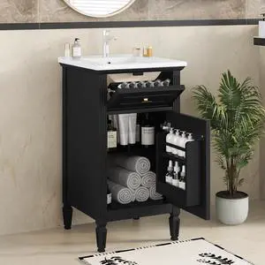20 Inch Black Small Bathroom Vanity with Sink, Vanity Cabinet with Tip-Out Drawer and Door Rack Organizer, Adjustable Shelf 20 Inch Black Small Bathroom Vanity with Sink, Vanity Cabinet with Tip-Out Drawer and Door Rack Organizer, Adjustable Shelf