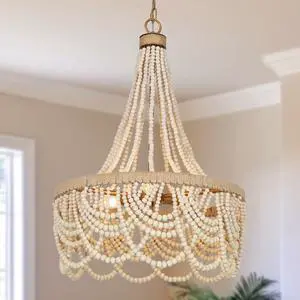 Wood Beaded Chandelier, Large 3 Light White Boho Chandelier Light Fixtures Gold Bohemian Chandelier for Living Room Bedroom Dining Room, Solid Wood Beads and Natural Hemp Rope Wood Beaded Chandelier, Large 3 Light White Boho Chandelier Light Fixtures Gold Bohemian Chandelier for Living Room Bedroom Dining Room, Solid Wood Beads and Natural Hemp Rope