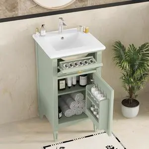 20 Inch Small Bathroom Vanity with Sink, Vanity Cabinet with Tip-Out Drawer and Door Rack Organizer, Adjustable Shelf, Green 20 Inch Small Bathroom Vanity with Sink, Vanity Cabinet with Tip-Out Drawer and Door Rack Organizer, Adjustable Shelf, Green