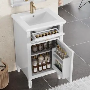 20 Inch Small Bathroom Vanity with Sink, Vanity Cabinet with Tip-Out Drawer and Door Rack Organizer, Adjustable Shelf, White 20 Inch Small Bathroom Vanity with Sink, Vanity Cabinet with Tip-Out Drawer and Door Rack Organizer, Adjustable Shelf, White