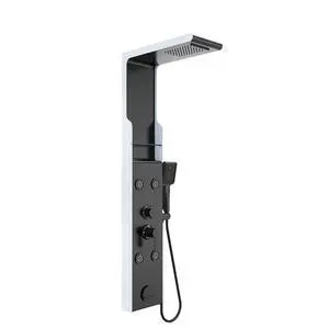 Shower Panel Tower System with Shelf, Rainfall Shower Head and Rain Massage System with Body Jets, Stainless Steel Bathroom Fixtures, Matte Black&Slive Shower Panel Tower System with Shelf, Rainfall Shower Head and Rain Massage System with Body Jets, Stainless Steel Bathroom Fixtures, Matte Black&Slive