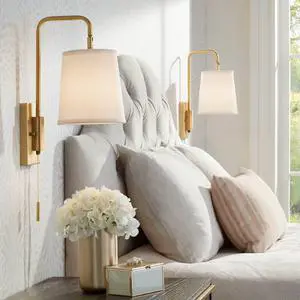 Luca Modern Swing Arm Wall Lamps Set of 2 Warm Brass Metal Plug-in Light Fixture White Fabric Drum Shade for Bedroom Bedside House Reading Living Room Home Hallway Dining Luca Modern Swing Arm Wall Lamps Set of 2 Warm Brass Metal Plug-in Light Fixture White Fabric Drum Shade for Bedroom Bedside House Reading Living Room Home Hallway Dining