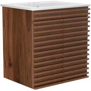 24" Bathroom Vanity with Ceramic Sink Combo, Mid-Century Wall Mounted Floating Vanity Cabinet with 2 Closing Doors, Wood Grain Texture, Walnut 24" Bathroom Vanity with Ceramic Sink Combo, Mid-Century Wall Mounted Floating Vanity Cabinet with 2 Closing Doors, Wood Grain Texture, Walnut