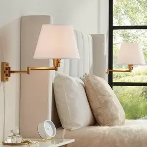 Clement Modern Swing Arm Wall Lamps Set of 2 Warm Gold Plug-in Light Fixture White Linen Hardback Shade for Bedroom Bedside House Reading Living Room Home Hallway Dining Clement Modern Swing Arm Wall Lamps Set of 2 Warm Gold Plug-in Light Fixture White Linen Hardback Shade for Bedroom Bedside House Reading Living Room Home Hallway Dining