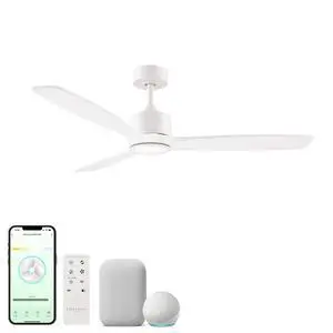 Madera 52in 3-Blade Smart Indoor or Outdoor Ceiling Fan 2700K-6000K CCT Tunable Range LED Light Kit in Matte White with White Solid Wood Blades Works With iOS or Android App Madera 52in 3-Blade Smart Indoor or Outdoor Ceiling Fan 2700K-6000K CCT Tunable Range LED Light Kit in Matte White with White Solid Wood Blades Works With iOS or Android App