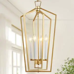 Gold Chandelier, 4-Light Gold Lantern Pendant Light with Adjustable Framework for Kitchen, Dining Room, 14" W x 28.3" H Gold Chandelier, 4-Light Gold Lantern Pendant Light with Adjustable Framework for Kitchen, Dining Room, 14" W x 28.3" H