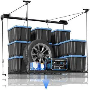 Garage Lifting Metal Rack, 4x4 Ft Overhead Garage Storage Racks, Adjustable Heavy-Duty Ceiling Organization System, 350lbs Weight, Satin Black Garage Lifting Metal Rack, 4x4 Ft Overhead Garage Storage Racks, Adjustable Heavy-Duty Ceiling Organization System, 350lbs Weight, Satin Black