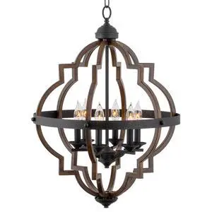 Capistrano 28" 6-Light Modern Geometric Chandelier with Hand-Painted Wood Grain Metal, Mid Century Quatrefoil Globe Lantern, Walnut Wood and Textured Black Finish Capistrano 28" 6-Light Modern Geometric Chandelier with Hand-Painted Wood Grain Metal, Mid Century Quatrefoil Globe Lantern, Walnut Wood and Textured Black Finish