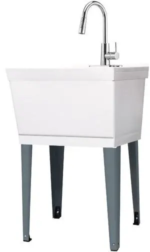 White Utility Sink Laundry Tub with High Arc Chrome Faucet for Laundry Room Basement, Garage, Shop White Utility Sink Laundry Tub with High Arc Chrome Faucet for Laundry Room Basement, Garage, Shop