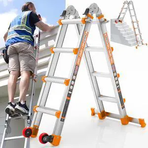 14FT A Frame Extension Ladder, 4-Step Aluminum Alloy Ladder with Stabilizer Bar & Rolling Wheels, 330 LBS Heavy Duty, Multi-Use Ladder for Stairs Home Roof Indoor Outdoor Projects (Orange) 14FT A Frame Extension Ladder, 4-Step Aluminum Alloy Ladder with Stabilizer Bar & Rolling Wheels, 330 LBS Heavy Duty, Multi-Use Ladder for Stairs Home Roof Indoor Outdoor Projects (Orange)