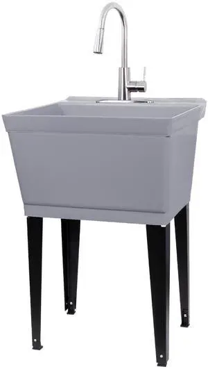 Laundry Sink Utility Tub With High Arc Stainless Steel Pull Down Faucet By, Heavy Duty Sinks With Installation Kit for Washing Room, Workshop, Basement, Garage, Slop Sink, Grey Tub Laundry Sink Utility Tub With High Arc Stainless Steel Pull Down Faucet By, Heavy Duty Sinks With Installation Kit for Washing Room, Workshop, Basement, Garage, Slop Sink, Grey Tub