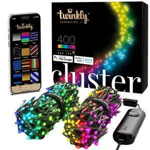 Cluster App-Controlled LED Christmas Lights with 400 RGB (16 Million Colors) LEDs. 19.7 feet. Green Wire. Indoor and Outdoor Smart Lighting Decoration Cluster App-Controlled LED Christmas Lights with 400 RGB (16 Million Colors) LEDs. 19.7 feet. Green Wire. Indoor and Outdoor Smart Lighting Decoration