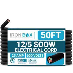 IronBox Electric - 12/5 Bulk Cable - SOOW Jacket - 12 Gauge,5 Wire - Rated for 600V,25A - Water & Oil Resistant Cable for Indoor/Outdoor Use - Ideal for Generators, Circuits & Data Centers (50 feet) IronBox Electric - 12/5 Bulk Cable - SOOW Jacket - 12 Gauge,5 Wire - Rated for 600V,25A - Water & Oil Resistant Cable for Indoor/Outdoor Use - Ideal for Generators, Circuits & Data Centers (50 feet)