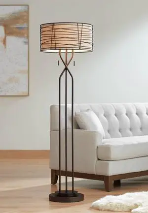 Marlowe Industrial Rustic Farmhouse Floor Lamp Standing 60 1/2" Tall Bronze Woven Iron Metal Burlap Fabric Double Drum Shade for Living Room Reading Bedroom Office House Home Marlowe Industrial Rustic Farmhouse Floor Lamp Standing 60 1/2" Tall Bronze Woven Iron Metal Burlap Fabric Double Drum Shade for Living Room Reading Bedroom Office House Home