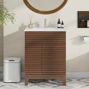 Bathroom Vanity with Sink Combo, Mid-Century Bathroom Cabinet with 3 Storage Drawers, Freestanding Storage Cabinet with Soft Closing Door, Vintage Sink Vanity with Wood Grain Laminate, Walnut Bathroom Vanity with Sink Combo, Mid-Century Bathroom Cabinet with 3 Storage Drawers, Freestanding Storage Cabinet with Soft Closing Door, Vintage Sink Vanity with Wood Grain Laminate, Walnut