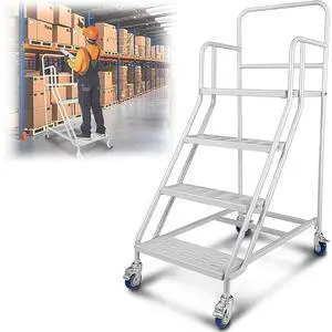 4-Step Rolling Ladder with Wheels, 445 lb Capacity Mobile Steel Stairs with Step-On Wheel Locks, Handrails and Raised Step Edges for Warehouse, Garage and Library, White 4-Step Rolling Ladder with Wheels, 445 lb Capacity Mobile Steel Stairs with Step-On Wheel Locks, Handrails and Raised Step Edges for Warehouse, Garage and Library, White