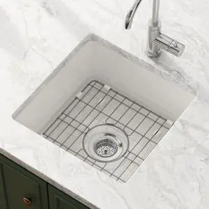 Drop in Kitchen Sink, 18" x 18" Undermount Kitchen Sink 18 Inch Wet Bar Sink, Prep Sink Topmount Dual Mount Square Fireclay Deep Single Bowl with Bottom Grid and Strainer Drain Drop in Kitchen Sink, 18" x 18" Undermount Kitchen Sink 18 Inch Wet Bar Sink, Prep Sink Topmount Dual Mount Square Fireclay Deep Single Bowl with Bottom Grid and Strainer Drain