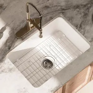 27 Inch Undermount Kitchen Sink White, 27L×19W Dual Mount Single Bowl Fireclay Kitchen Sinks With Grid And Strainer Drain 27 Inch Undermount Kitchen Sink White, 27L×19W Dual Mount Single Bowl Fireclay Kitchen Sinks With Grid And Strainer Drain