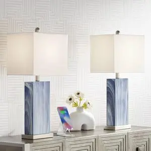 Connie Modern Table Lamps 25" Tall Set of 2 with USB Charging Ports Blue Faux Marble White Rectangular Shade for Bedroom Living Room House Desk Bedside Nightstand Office Family Connie Modern Table Lamps 25" Tall Set of 2 with USB Charging Ports Blue Faux Marble White Rectangular Shade for Bedroom Living Room House Desk Bedside Nightstand Office Family