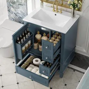 24" Bathroom Cabinet Vanity with Sink and Drawers, Freestanding Vanity Cabinet with Ceramic Top and Storage Shelves, MDF and Solid Wood, Gray Blue 24" Bathroom Cabinet Vanity with Sink and Drawers, Freestanding Vanity Cabinet with Ceramic Top and Storage Shelves, MDF and Solid Wood, Gray Blue