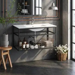 36" Floating Industrial Bathroom Vanity with Ceramic Sink - Black & White Wall-Mounted Steel Frame Cabinet with Tempered Glass Storage Shelf for Industrial Bathrooms 36" Floating Industrial Bathroom Vanity with Ceramic Sink - Black & White Wall-Mounted Steel Frame Cabinet with Tempered Glass Storage Shelf for Industrial Bathrooms