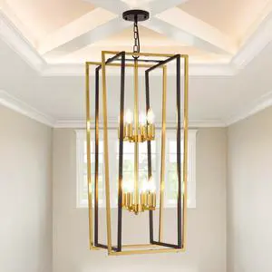 Black and Gold Chandelier, 8-Light Tiered Lantern Pendant Light Fixtures, Industrial Foyer Lighting Fixtures, Large Long Chandeliers for High Ceilings, Farmhouse Chandelier for Staircase, Entryway Black and Gold Chandelier, 8-Light Tiered Lantern Pendant Light Fixtures, Industrial Foyer Lighting Fixtures, Large Long Chandeliers for High Ceilings, Farmhouse Chandelier for Staircase, Entryway