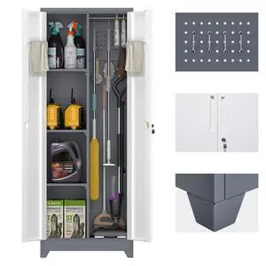 65" H Garage Storage Cabinet,Broom Closet Storage Cabinet with Adjust Shelves,Utility Cabinet,Utility Closet for Garage,Gray-White 65" H Garage Storage Cabinet,Broom Closet Storage Cabinet with Adjust Shelves,Utility Cabinet,Utility Closet for Garage,Gray-White