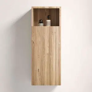 12" Bathroom Side Cabinet, Mid-Century Modern Fluted Storage Cabinet with Soft-Closing Door & Open Shelf, Floating Separate Storage Space, Rough Oak 12" Bathroom Side Cabinet, Mid-Century Modern Fluted Storage Cabinet with Soft-Closing Door & Open Shelf, Floating Separate Storage Space, Rough Oak