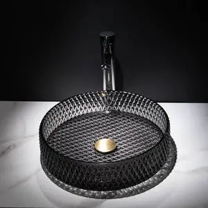 Bathroom Vessel Sink Round Vessel Sink 15.35" x 4.33" Transparent Diamond Shaped Crystal Glass Bathroom Sink Above Counter with Pop-up Drain, Black Bathroom Vessel Sink Round Vessel Sink 15.35" x 4.33" Transparent Diamond Shaped Crystal Glass Bathroom Sink Above Counter with Pop-up Drain, Black