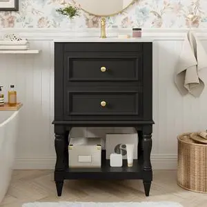 Country 20" Bathroom Vanity with Sink, Farmhouse Bathroom Vanity Storage Cabinet with 2 Drawers and Open Shelf, Solid Wood Frame Bath Storage Vanity Country 20" Bathroom Vanity with Sink, Farmhouse Bathroom Vanity Storage Cabinet with 2 Drawers and Open Shelf, Solid Wood Frame Bath Storage Vanity