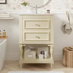 Country 20" Bathroom Vanity with Sink, Farmhouse Bathroom Vanity Storage Cabinet with 2 Drawers and Open Shelf, Solid Wood Frame Bath Storage Vanity Country 20" Bathroom Vanity with Sink, Farmhouse Bathroom Vanity Storage Cabinet with 2 Drawers and Open Shelf, Solid Wood Frame Bath Storage Vanity