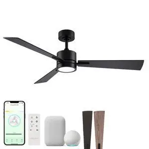 Bali 52in 3-Blade Smart Indoor or Outdoor Ceiling Fan 2700K-6000K CCT Tunable Range LED Light Kit in Matte Black with Reversible Black and Weathered Wood Blades Works With iOS or Android App Bali 52in 3-Blade Smart Indoor or Outdoor Ceiling Fan 2700K-6000K CCT Tunable Range LED Light Kit in Matte Black with Reversible Black and Weathered Wood Blades Works With iOS or Android App