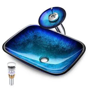 Tempered Glass Bathroom Vessel Vanity Sink Above Counter Blue with Waterfall Faucet Pop up Drain Combo Rectangle Artistic Victorian Era Tempered Glass Bathroom Vessel Vanity Sink Above Counter Blue with Waterfall Faucet Pop up Drain Combo Rectangle Artistic Victorian Era