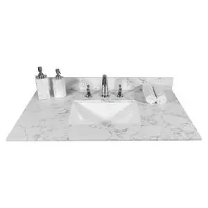 37 Inch Bathroom Vanity Top Stone, Carrara White Engineered Marble Stone Vanity Sink Top with Undermount Ceramic Sink and Back Splash with 3 Faucet Hole for Bathrom Cabinet (37"x22"(3 Holes)) 37 Inch Bathroom Vanity Top Stone, Carrara White Engineered Marble Stone Vanity Sink Top with Undermount Ceramic Sink and Back Splash with 3 Faucet Hole for Bathrom Cabinet (37"x22"(3 Holes))