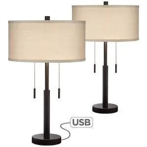 Bernie Industrial Nightstand Table Lamp 25" High Set of 2 with Hotel Style USB Charging Port Rich Bronze Metal Fabric Drum Shade for Living Room Desk Bedroom House Bedside Home Bernie Industrial Nightstand Table Lamp 25" High Set of 2 with Hotel Style USB Charging Port Rich Bronze Metal Fabric Drum Shade for Living Room Desk Bedroom House Bedside Home