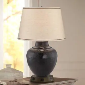 Brighton Rustic Farmhouse Table Lamp 27 1/4" Tall with USB and AC Power Outlet in Base Bronze Hammered Pot Beige Drum Shade for Bedroom Living Room House Home Bedside Nightstand Brighton Rustic Farmhouse Table Lamp 27 1/4" Tall with USB and AC Power Outlet in Base Bronze Hammered Pot Beige Drum Shade for Bedroom Living Room House Home Bedside Nightstand