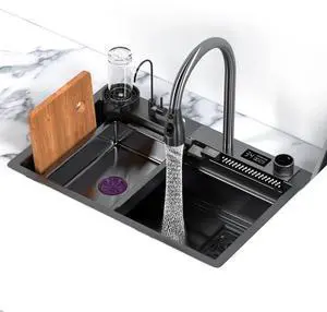 Black Nano 304 Stainless Steel Kitchen Sink with LED Temperature Display - Single Bowl Drop-In Workstation Sink with Pull-Down Sprayer (29.5 x 17.7 inch) Black Nano 304 Stainless Steel Kitchen Sink with LED Temperature Display - Single Bowl Drop-In Workstation Sink with Pull-Down Sprayer (29.5 x 17.7 inch)