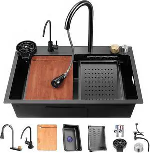 29.5x17.7 Black Waterfall Workstation Kitchen Sink, Nano Single Bowl | 304 Stainless Steel Waterfall & Pull-Out Faucet Combo Multifunctional Top Loading Design 29.5x17.7 Black Waterfall Workstation Kitchen Sink, Nano Single Bowl | 304 Stainless Steel Waterfall & Pull-Out Faucet Combo Multifunctional Top Loading Design