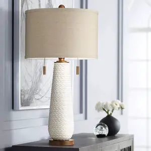 Kingston Mid Century Modern Table Lamp 32 3/4" Tall White Grooved Patterned Ceramic Taupe Drum Shade for Bedroom Living Room House Bedside Nightstand Home Office Entryway Family Kingston Mid Century Modern Table Lamp 32 3/4" Tall White Grooved Patterned Ceramic Taupe Drum Shade for Bedroom Living Room House Bedside Nightstand Home Office Entryway Family